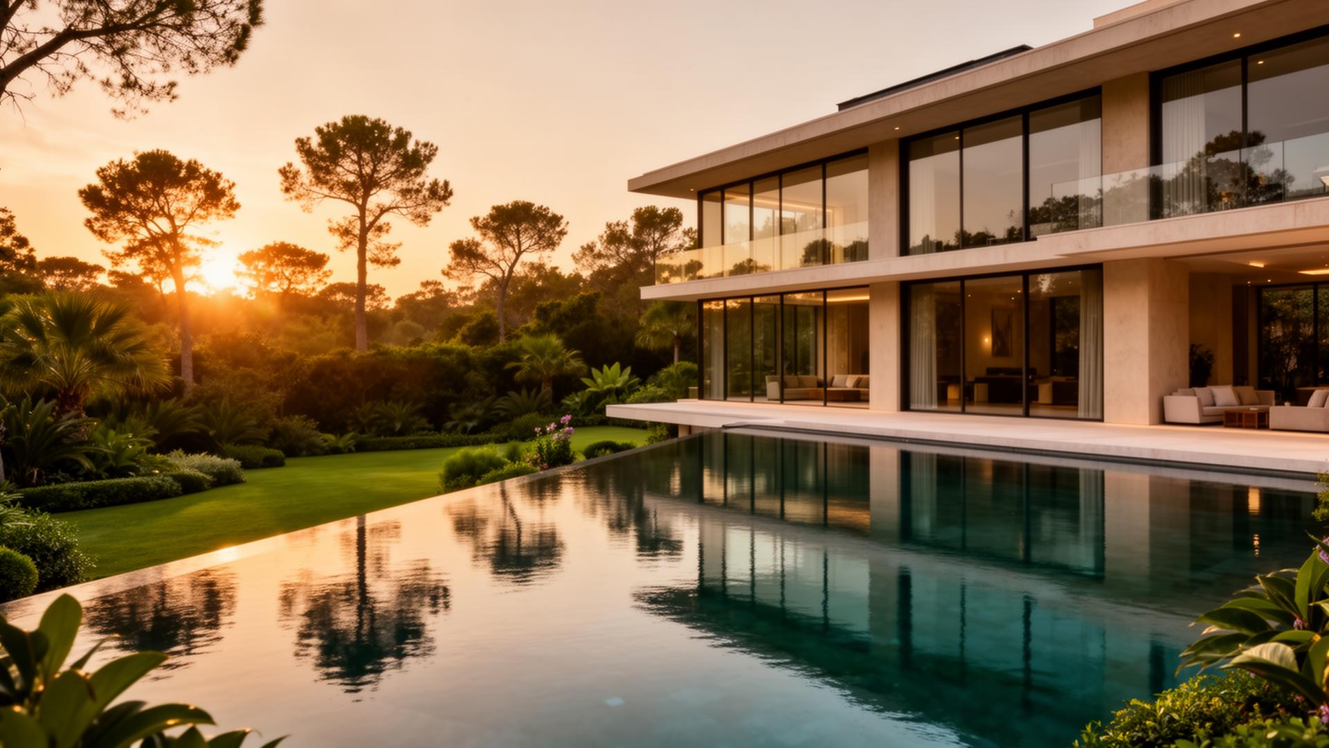 A modern villa at golden hour overlooking an infinity pool
